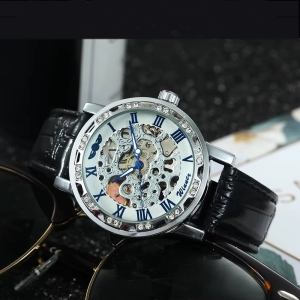 Ceas barbatesc Winner CS1746, automatic, piele naturala, negru, cadran alb - Img 1