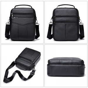 Geantă bărbați piele naturală, crossbody cu mâner și buzunar frontal, neagră - Img 4