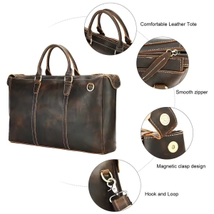 Geantă de călătorie unisex piele naturală, curea de umăr detașabilă, maro vintage - Img 6