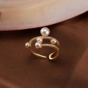 Inel reglabil argint 925, JW1724, model elegant cu perle, placat cu aur - Img 3
