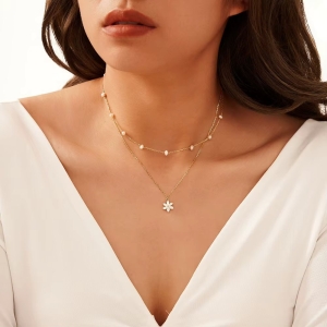 Lantisor argint 925, JW1706, model dublu cu floare, placat cu rodiu - Img 2