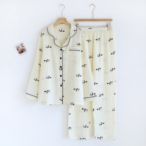 Pijama dama "Panda Print" din doua piese, PJ007, Crem - Img 1