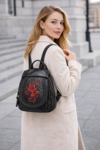 Rucsac dama, E-LY GT367, negru, cu imprimeu rosu - Img 2