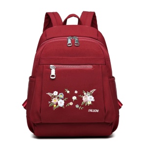 Rucsac damă textil, broderie florală, buzunare laterale, roșu