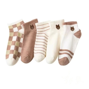 Set 5 perechi șosete damă scurte, bumbac, model ursuleț, crem cu maro, 35-39