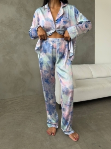Set pijama dama din doua piese, cu nasturi – 2401679, Albastru floral - Img 6