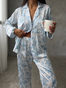 Set pijama dama din doua piese, cu nasturi – 2401692, Print floral albastru - Img 2