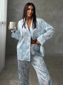 Set pijama dama din doua piese, cu nasturi – 2401692, Print floral albastru - Img 4