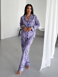 Set pijama dama din doua piese, cu nasturi – 2500282, Lila cu imprimeu abstract - Img 3