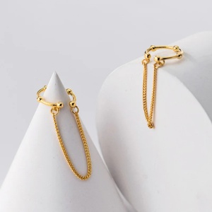 Cercei ear cuff argint 925, JW1077, model simplu cu lant, placati cu aur - Img 2