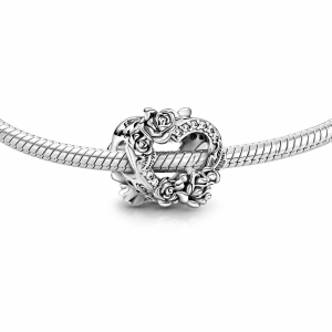 Charm/talisman argint 925, JW1147, model inima cu trandafiri, placat cu rodiu - Img 2