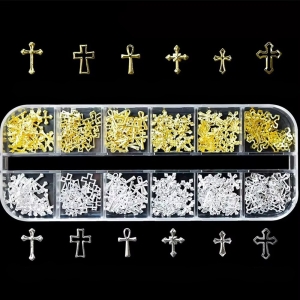 Decorațiuni unghii cruciulițe metalice, set în cutie cu 12 compartimente, auriu și argintiu