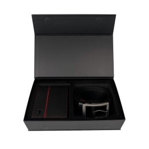 Set cadou pentru barbati, Portofel + Curea, piele naturala, model elegant, Negru/rosu, SET6 - Img 1