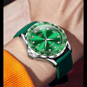 Ceas barbatesc Olevs CS1624, curea de silicon, verde-argintiu, cadran verde - Img 2