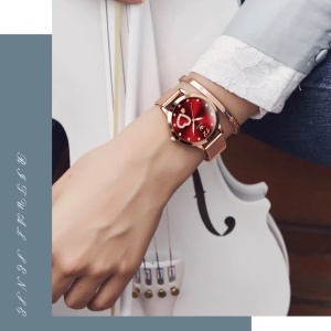 Ceas de dama Olevs CS1640, otel inoxidabil, rose gold, cadran rosu - Img 2