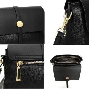 Geantă damă crossbody piele, clapetă cu capsă, curea lungă, crem cu maro - Img 3