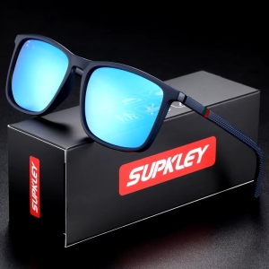 Ochelari de soare unisex, lentile oglindă, ramă pătrată neagră, albastru