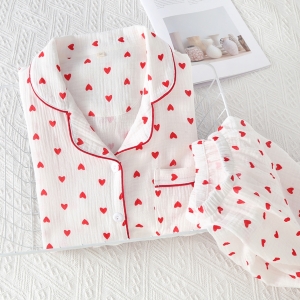 Pijama dama "Sleepy Hearts" din doua piese, PJ023, Alb - Rosu - Img 3