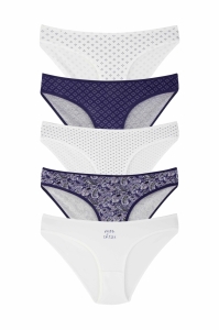 Set 5 perechi de chiloti din bumbac, pentru dama, 33500, Alb/Albastru