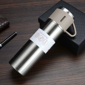 Set Cadou Termos Premium 500 ml + 3 Cani din Inox, TRM012, Inox / Crem - Img 2