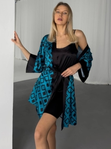 Set Halat & Camasa de noapte „Geometric Glam” – 2301395, Negru / Turcoaz - Img 4