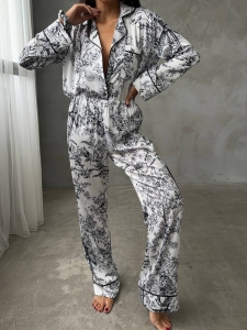 Set pijama dama din doua piese, cu nasturi – 2401693, Print floral negru/alb - Img 2