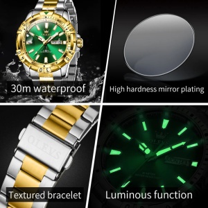 Ceas bărbătesc Olevs, oțel inoxidabil bicolor, bezel gradat, cadran verde cu dată CS1609 - Img 4