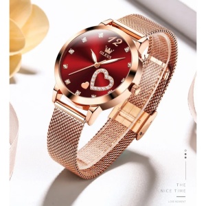 Ceas de dama Olevs CS1640, otel inoxidabil, rose gold, cadran rosu - Img 5