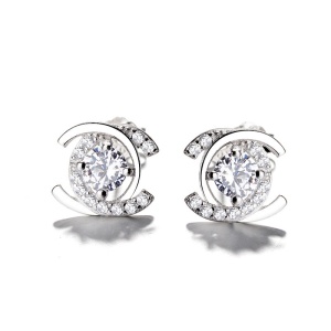 Cercei damă argint 925 placat cu rodiu, zirconiu, model floral, alb