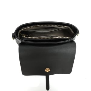Geantă damă crossbody piele, clapetă cu capsă, curea lungă, crem cu maro - Img 4
