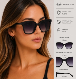 Ochelari de soare pentru femei, SG125, Negru/Gri - Img 2