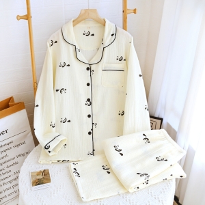 Pijama dama "Panda Print" din doua piese, PJ007, Crem - Img 3