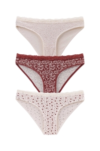 Set 3 perechi de chiloti din bumbac, cu dantela, pentru dama, 39750, Rosu/Crem