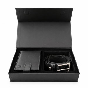 Set cadou pentru barbati, Portofel + Curea, piele naturala, model elegant, SET39, Negru