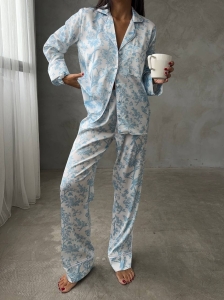 Set pijama dama din doua piese, cu nasturi – 2401692, Print floral albastru