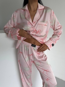 Set pijama dama din doua piese, cu nasturi – 2500341, Roz cu fundite - Img 5