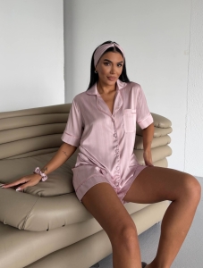 Set pijama dama din doua piese, cu nasturi – 2600041, Roz pudrat satinat - Img 3