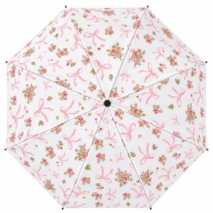 Umbrela pliabila pentru ploaie, 8 spite, diametru 97 cm, UMB072, Alba cu imprimeu fundite - Img 2