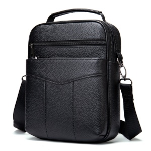 Geantă bărbați piele naturală, crossbody cu mâner și buzunar frontal, neagră