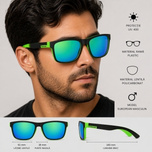 Ochelari de soare unisex, SG019, Negru/Verde - Img 3