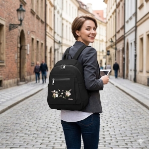 Rucsac damă material textil, broderie florală, buzunar frontal, negru - Img 2