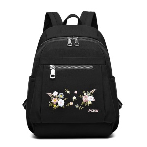 Rucsac damă material textil, broderie florală, buzunar frontal, negru
