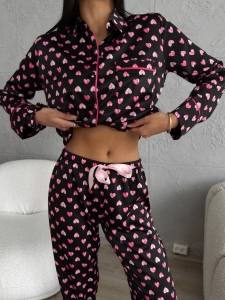 Set pijama dama din doua piese, cu nasturi – 2301408, Negru/ Roz - Img 2