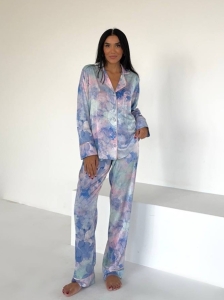 Set pijama dama din doua piese, cu nasturi – 2401679, Albastru floral - Img 4