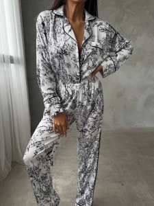 Set pijama dama din doua piese, cu nasturi – 2401693, Print floral negru/alb - Img 3