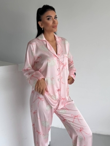 Set pijama dama din doua piese, cu nasturi – 2500341, Roz cu fundite - Img 3