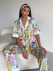 Set pijama dama din doua piese, cu nasturi – 2500373, Imprimeu multicolor - Img 2