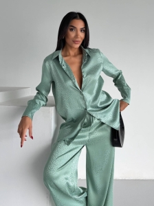 Set pijama dama din doua piese, cu nasturi – 2500402, Verde menta - Img 5