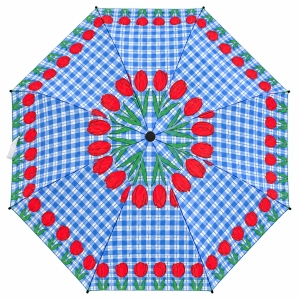 Umbrela pliabila pentru ploaie, 8 spite, diametru 97 cm, UMB079, Albastra cu imprimeu lalele - Img 2