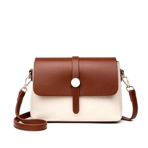 Geantă damă crossbody piele, clapetă cu capsă, curea lungă, crem cu maro